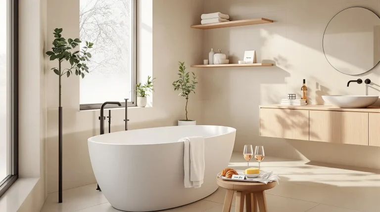 Accueil Salle de bain travertin et bois : idées pour une oasis